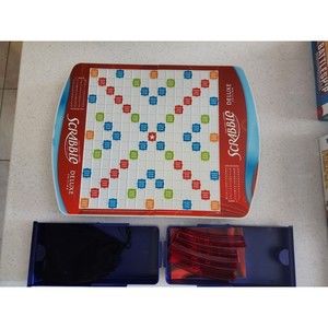 Scrabble Deluxe Edition Blue Folding Travel Case Rotating Board 2010 Family Game